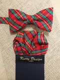 Bow Tie "Scottish"- Red and Green Tartan Plaid Bowtie and Pocket Square SET - Silk Bow Tie for Men - Hand Made in USA