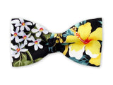 Yellow Hibiscus on Black. Hawaiian Flowers Bow Tie. White Plumeria.