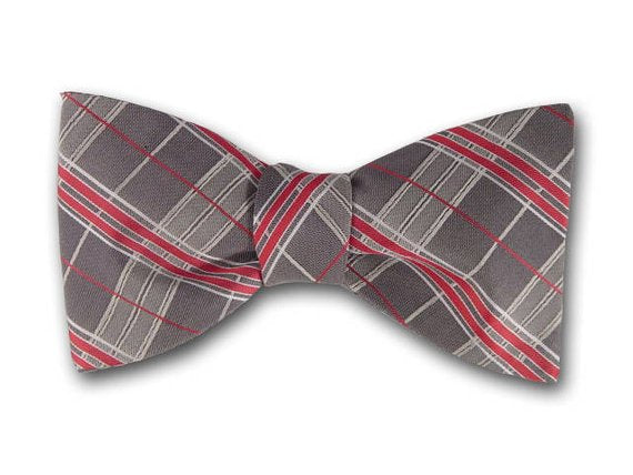 Grey Silk Bow Tie. Red, Grey and White Stripes Bowties.