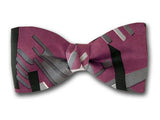 Modern silk bow tie in burgundy, black and grey. Mens accessory.