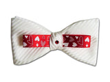 White bow tie with hearts decorative details. Men's silk bow tie.