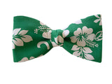 White Hibiscus on green men's bow tie.