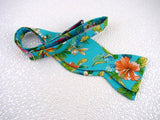 Bow Tie "Orange Hibiscus"- Hawaiian Flower Bow Tie - Blue Men's Accessory - Made in USA