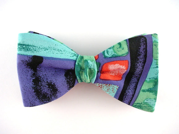 Hand painted silk bow tie in black, purple, green, pink, red 