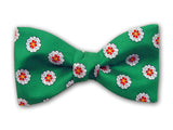 small white and red flowers on green. Men's pure silk bow tie.