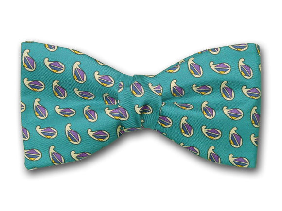 Smal paisley on teal. Pure silk men's bow tie.
