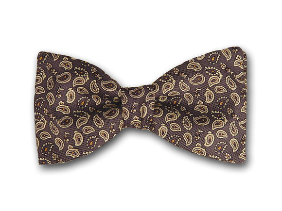 Gold small paisley on grey. Pure silk twill bow tie.