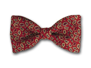 Small gold paisly on red. Men's silk twill bowtie.