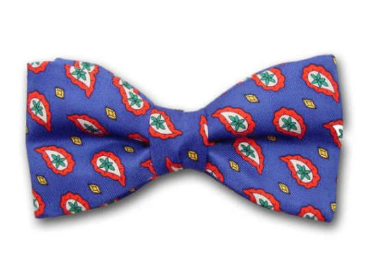 Red, gold, white and green paisley on blue. Men's silk twill bow tie.