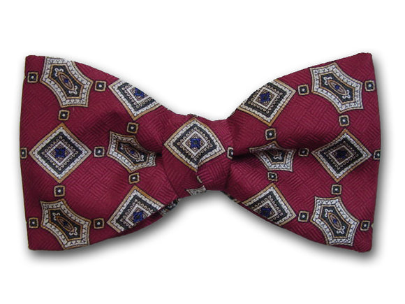 Burgundi pure silk bow tie. Geometric design.