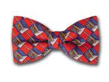Blue and white cube on red. Silk men's bowtie.