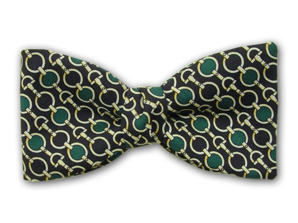 Green, yellow on black. Patterned silk bow tie for men.