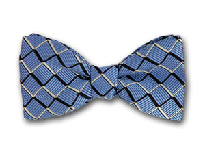 Blue, navy and white plaid bow tie. 