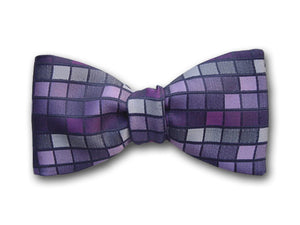 Purple, violet, black and gray mosaic pattern. Woven silk bow tie.