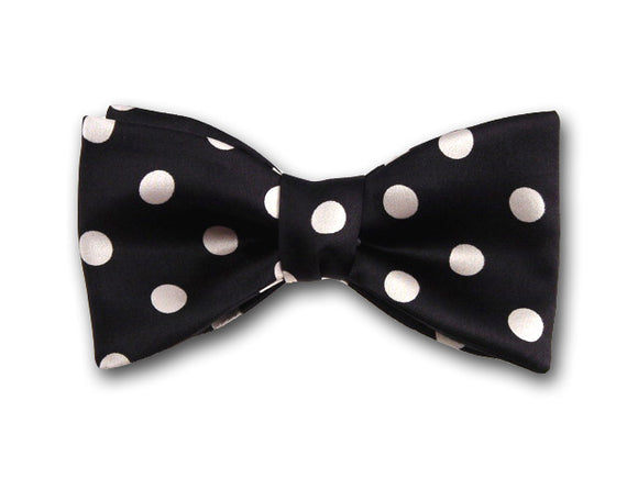 White dots on black. Pure silk bow tie for men.