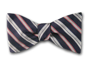 Grey and red stripes on navy silk bow tie for men.