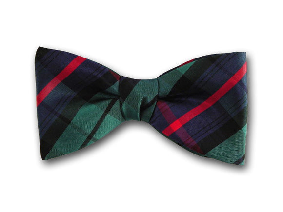 Green, navy and red plaid silk bow tie for men.