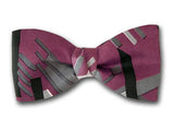 Modern silk bow tie in burgundy, black and grey. Mens accessory. 