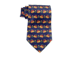 Pure silk Christmas necktie with bells on navy.