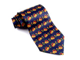 Green, red and gold on navy blue. 100% silk navy Christmas necktie.