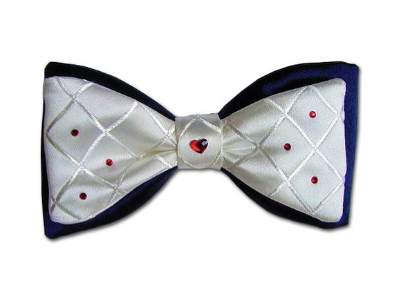 White on Navy Silk Bow tie with red Swarovski crystals.