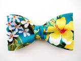Yellow Hibiscus on Teal Collor. Hawaiian Flowers Bow Tie.