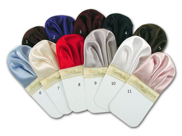 Pre-fitted pocket squares with holder. Eleven solid colors silk pocket squares. Brown, baby blue, navy, olive green, ivory,red, silver, white, pink pocket squares