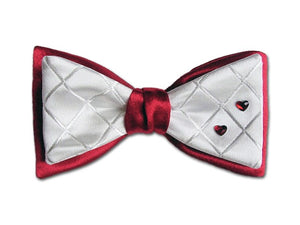 Red and white bow tie with red Swarovski hearts. Silk men's bow tie.