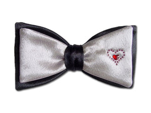 Two hearts in one. Navy and grey bow tie with Swarovski hearts.
