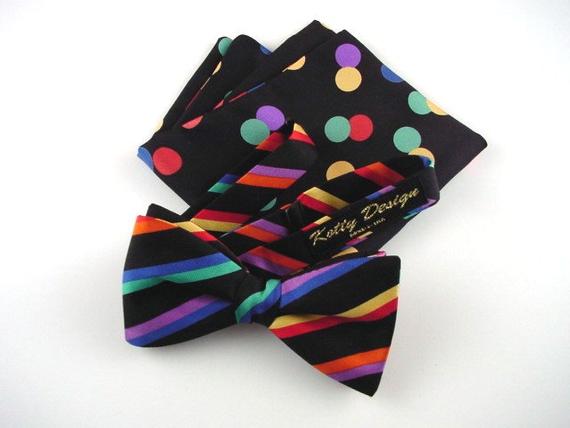 Striped Silk Bow Tie and Dot Pocket Square Men's Set. 