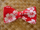 Kids Hawaiian Bow Tie with Hibiscus print. White flowers on red.