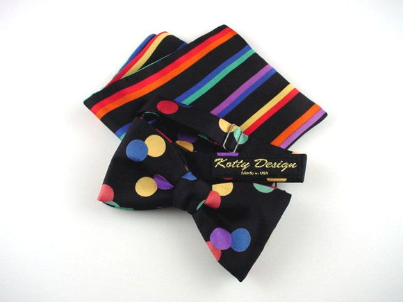 Multicolor Dot on Black Bow Tie and Matcing Stripes on Black and Mathching Stripes Pocket Square Set. Luxury Men's Gift.