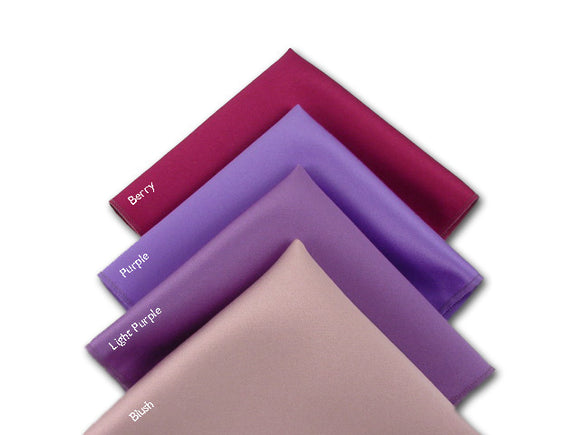 Berry, purple, light purple, blush silk pocket squares. Satin silk pocket squares.